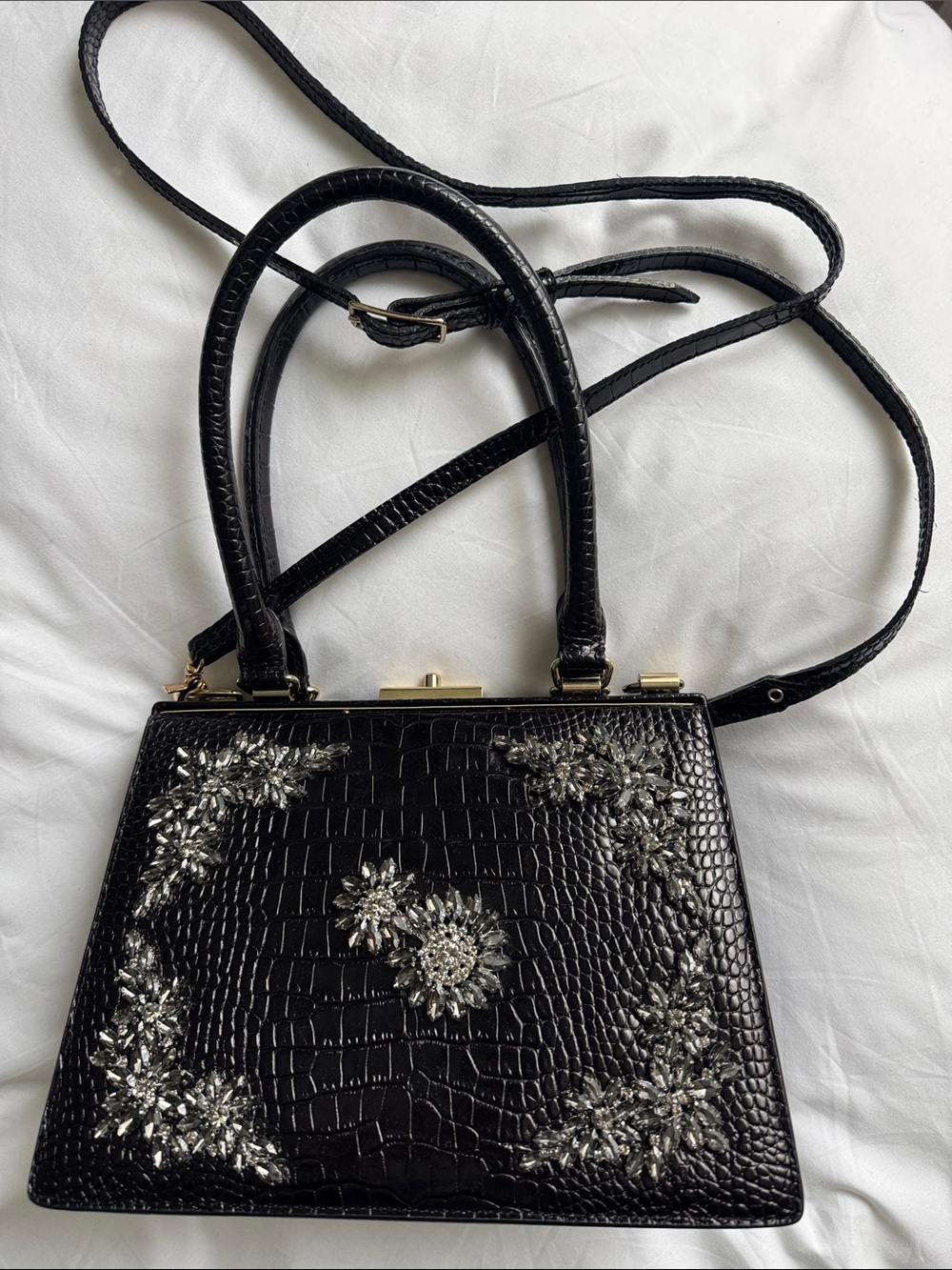 Erdem & aH&M Black Crocodile Effect Black Leather Bag with Crystal Embellishment